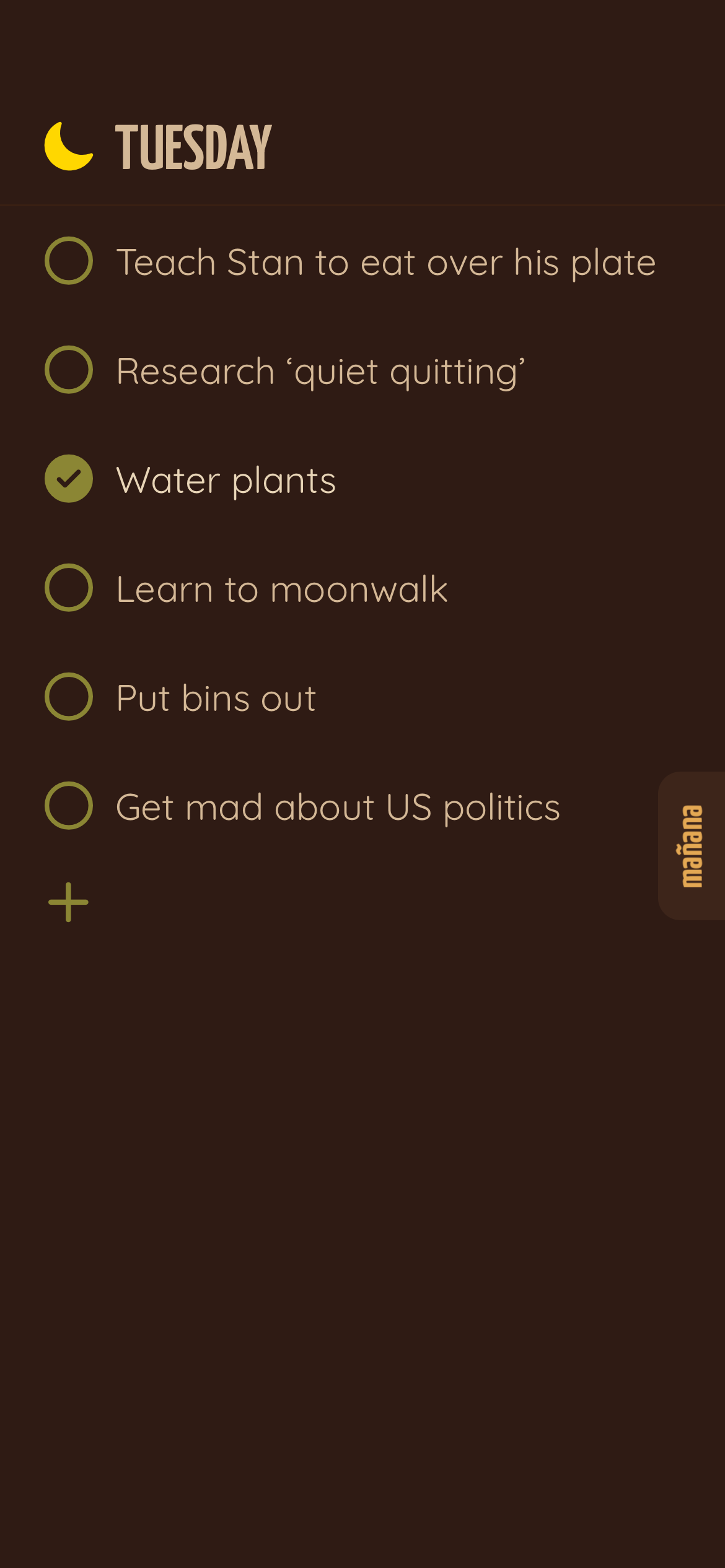 mañana app task list in dark mode
