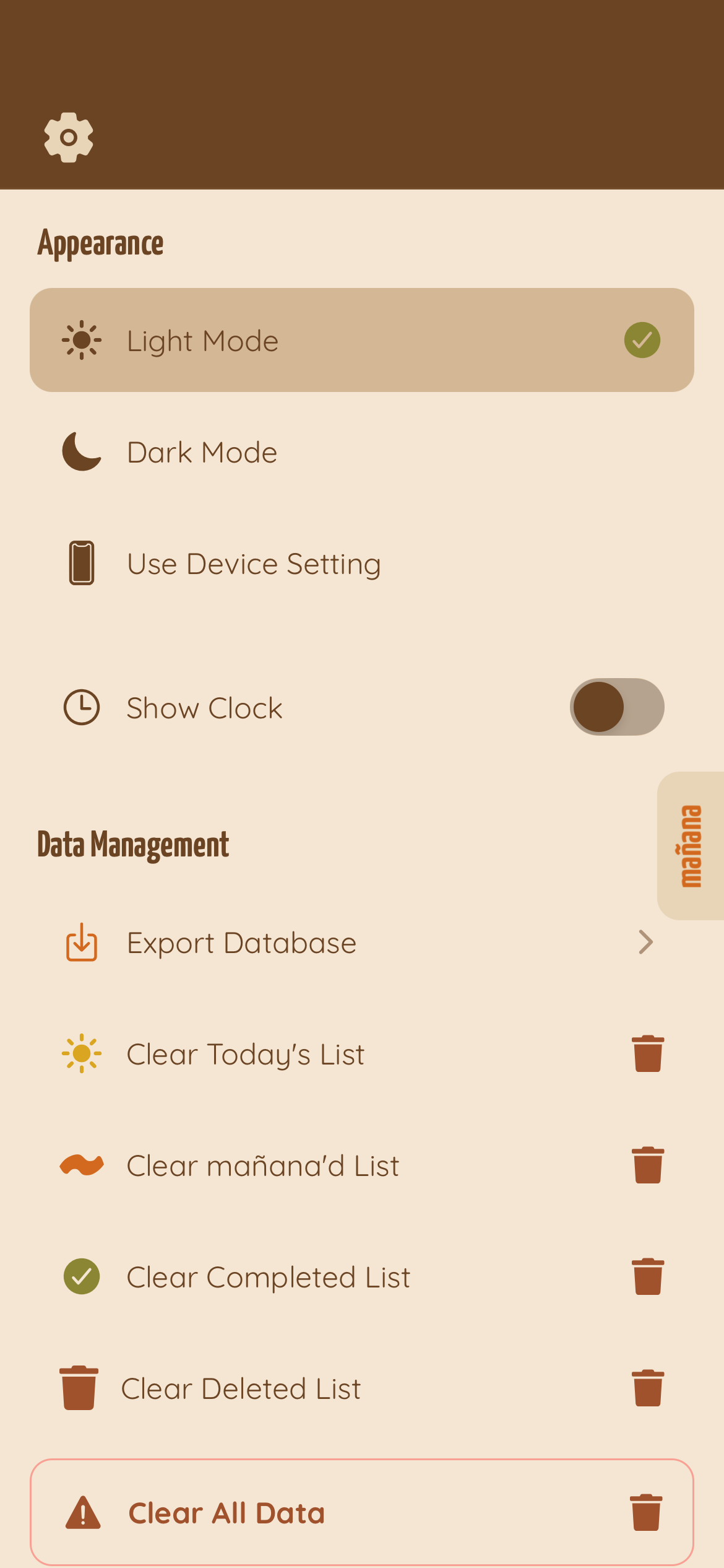 mañana app settings screen